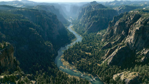 Bird's eye view of the river and ancient mountain valley.03