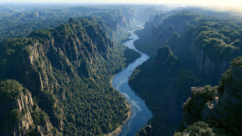 Bird's eye view of the river and ancient mountain valley.04