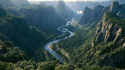 Bird's eye view of the river and ancient mountain valley