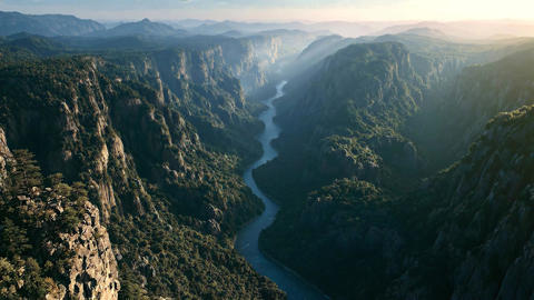 Bird's eye view of the river and ancient mountain valley.06