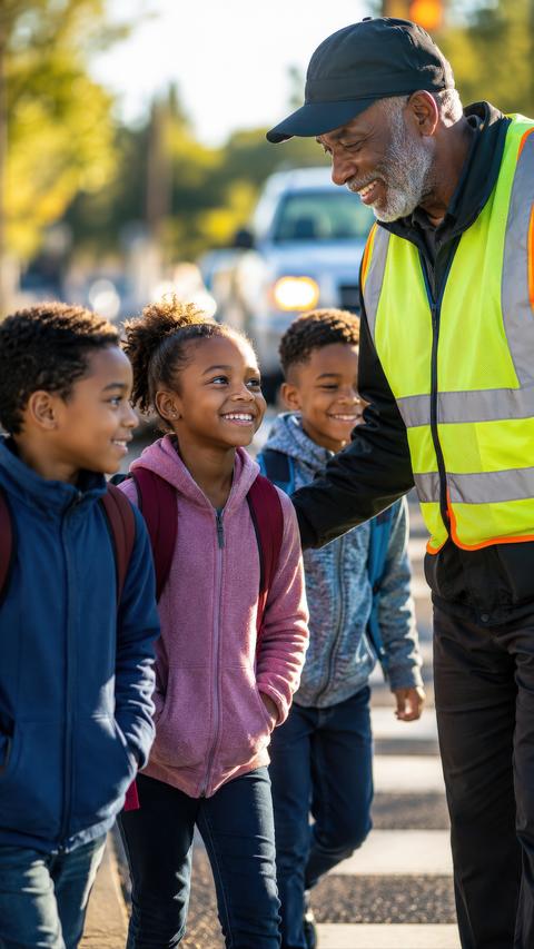 Crossing Guard Greeting Children on Way to School