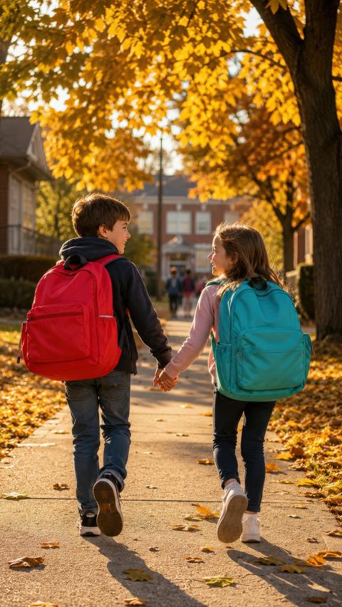 Two Children Holding Hands While Walking to School