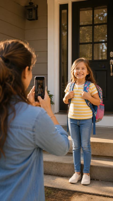 Mother Photographing Daughter on First School Day