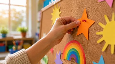 Hand Pinning Orange Star to Classroom Bulletin Board