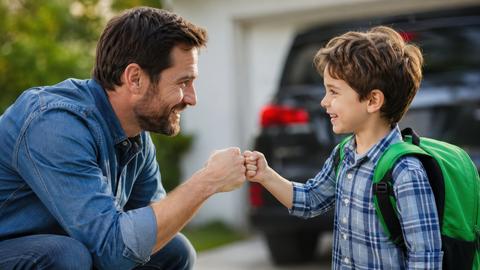 Father and Son Sharing Fist Bump Before School