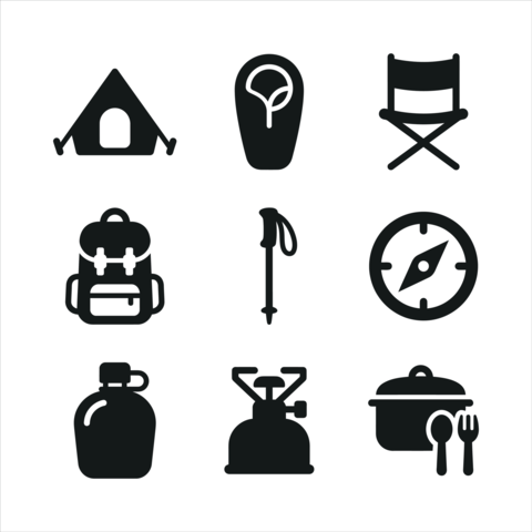 Camping and hiking equipment solid black glyph vector icon set