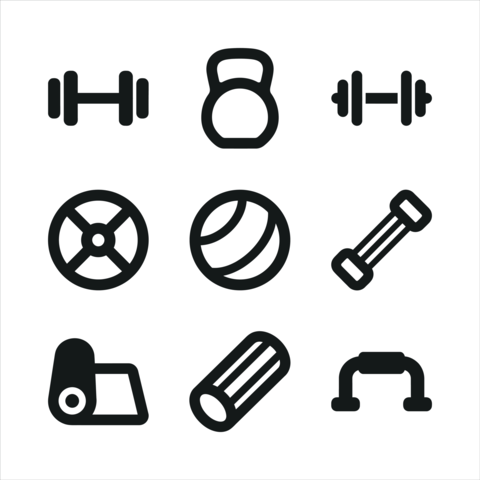 Minimalist black line gym and fitness workout equipment icon set collection