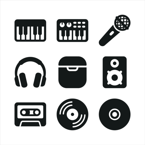 Solid black music and audio equipment UI vector icon set collection