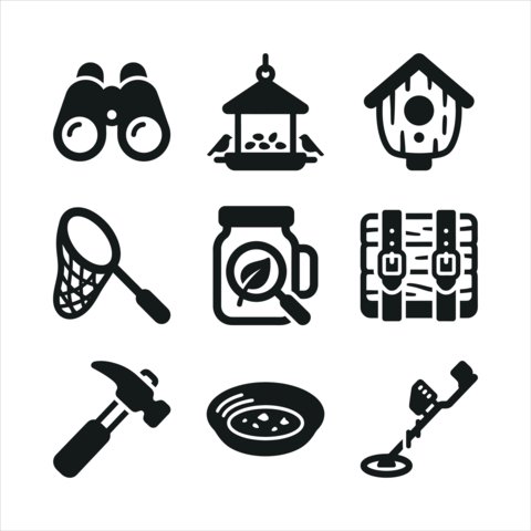 Outdoor adventure and exploration hobbies solid glyph icon set vector
