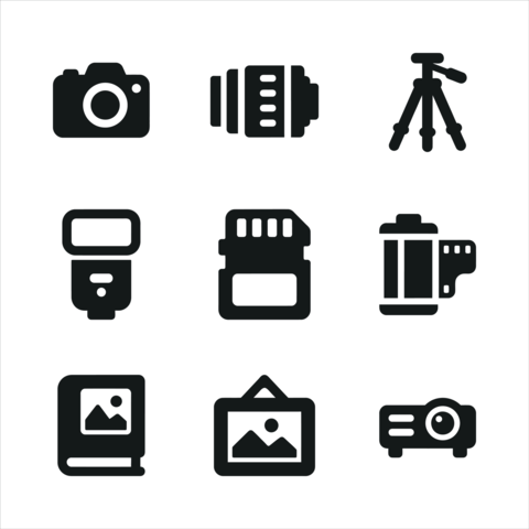 Minimalist solid black photography equipment UI web icon set vector