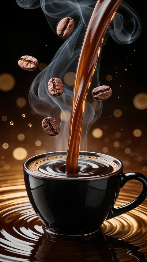 Luxury coffee stream pouring into elegant ceramic cup