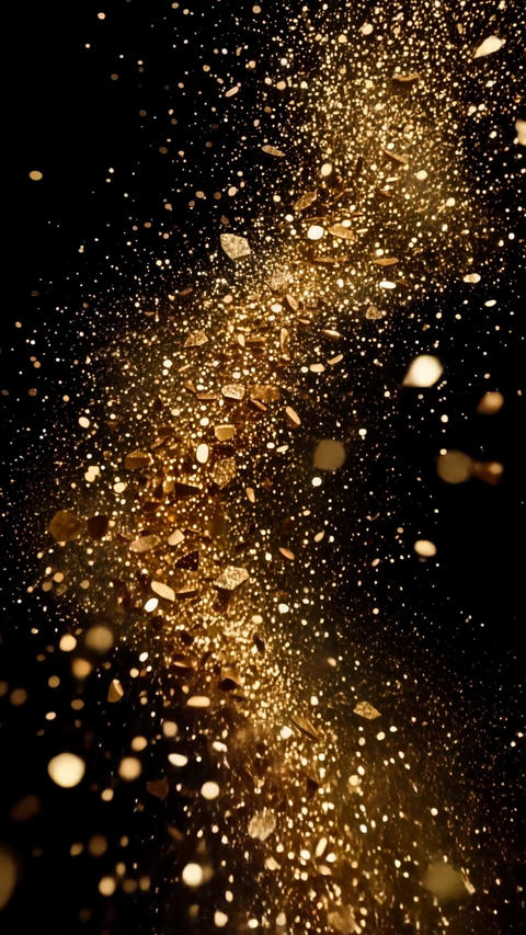 Golden sparkling particles flowing through dark space