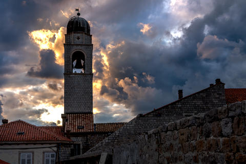 Dubrovnik Bell Tower Dramatic Sunset Storm Clouds Croatia