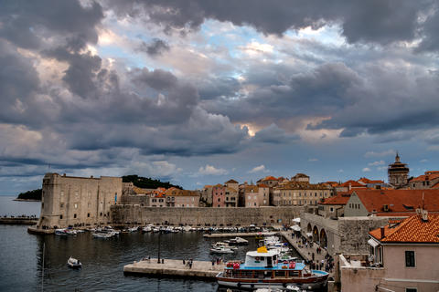 Dubrovnik Old Town Harbor Aerial View Dramatic Clouds