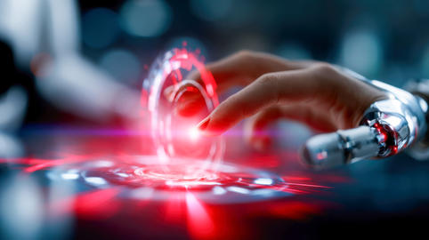 Robotic hand touching a glowing red holographic interface, futuristic AI technology, automation, dig