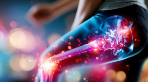 Medical visualization of knee joint pain with glowing skeletal anatomy, representing osteoporosis, a