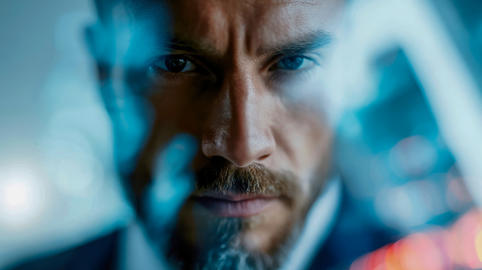 Businessman seen through abstract digital reflections and light trails, representing technology, ana