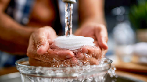 Hands rinsing a reusable cotton pad in a glass bowl, eco-friendly skincare, cleansing routine, hygie