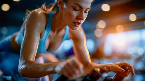 Young woman in pink sportswear doing intense cardio on a stationary bike in a modern gym, fitness wo