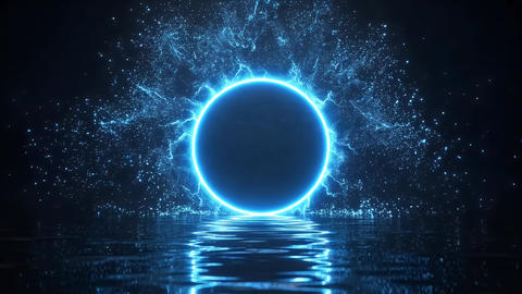 A blue portal evoking a gateway to a mystical dimension, with reflections on the water's surface