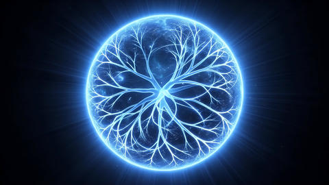 Particle effects resembling plant roots growing within an abstract sphere of blue light