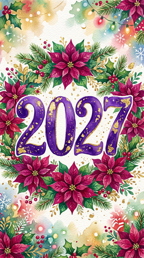 2027 new year festive greeting card with watercolor poinsettia flower frame and gold leaf texture