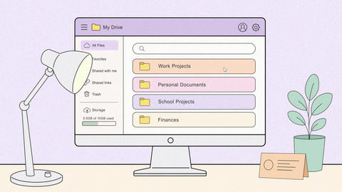 Flat Design Cloud Storage Dashboard UI Text Animation on Desktop Computer