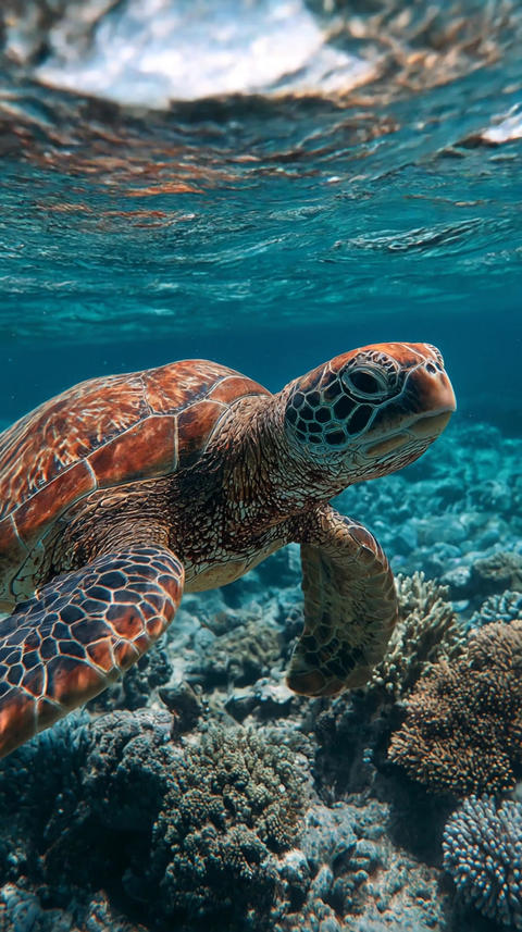 Sea turtle gliding above vibrant coral reef