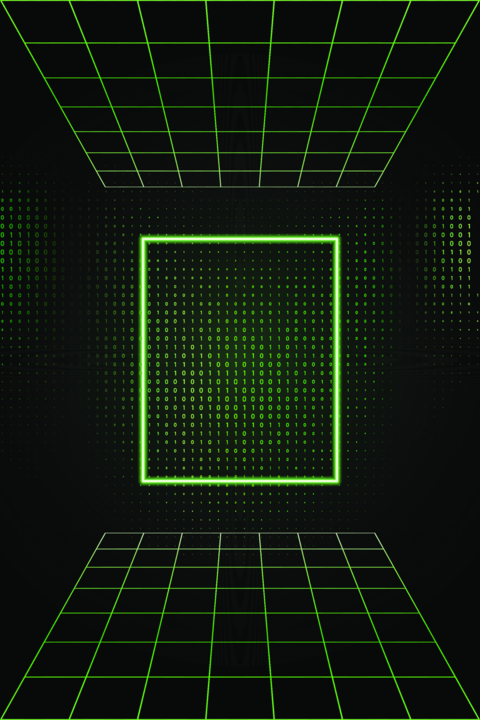 Green binary code portal frame in futuristic vertical matrix grid background