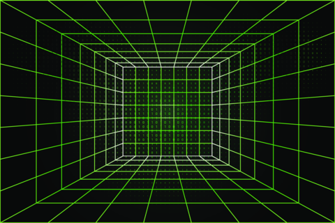 Wireframe cube room with green binary matrix grid in digital perspective background