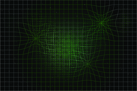 Distorted binary grid matrix in green digital perspective background with optical illusion