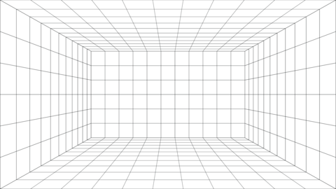 Grid perspective room with wireframe box interior and geometric space background lines