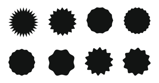 Set of simple circle stickers. Wavy edge promo flat black badges collection. Star burst shape tags
