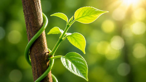 成長と生命力を象徴する木に巻き付くつる植物と光に輝く新緑