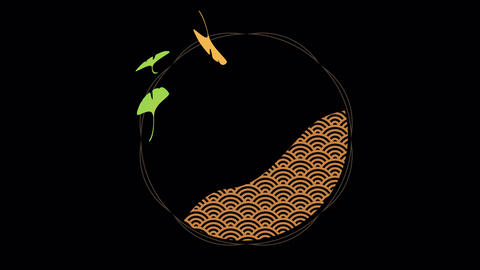 Japanese Seigaiha Pattern Autumn Circle Frame with Animated Ginkgo Leaves, Alpha Channel