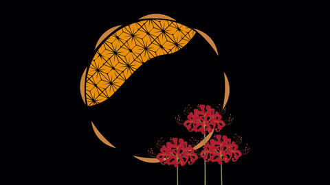 Japanese Asanoha Pattern Autumn Circle Frame with Animated Red Spider Lilies, Alpha Channel