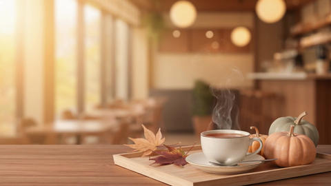 Autumn café scene with hot tea and a mini pumpkin (includes copy space)