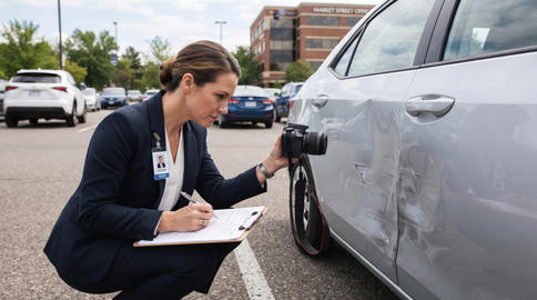 Insurance Adjuster Photographing Car Damage and Documenting Claim in Parking Lot