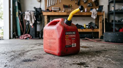 Red Gasoline Fuel Container on Garage Floor with Tools and Workbench Background