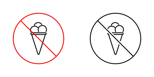 No Ice Cream Allowed Line Icon Set. Dietary Restriction, Health Warning, And