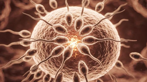 Looping 3D Medical Animation of Sperm Cells Approaching Human Egg Cell Fertilization Concept