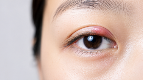 Closeup of a woman's eyelid red and swollen from a stye: Medical and healthcare concept