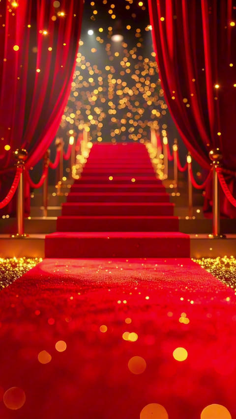 Particles falling on red carpet staircase illuminated by spotlights. Award ceremonies animation