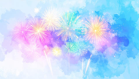 Watercolor Illustration of Fireworks Bursting Over night sky – Firework Festival