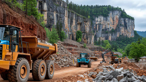 At the quarry, heavy equipment like a dump truck and excavator operate against the backdrop of tower