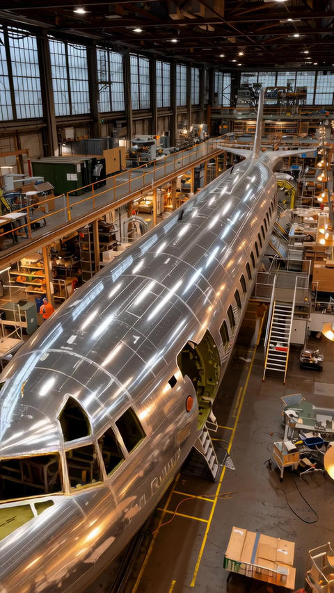 Aerial view of a commercial airplane fuselage under construction in a manufacturing facility, showca
