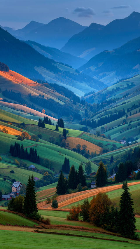 Breathtaking mountain landscape featuring verdant valleys, rolling hills, and charming houses nestle