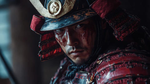 Portrait of intense young adult East Asian man in bloody samurai armor