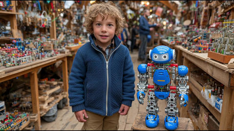 A curious young Caucasian boy interacts with a small blue humanoid robot standing on a wooden pedest