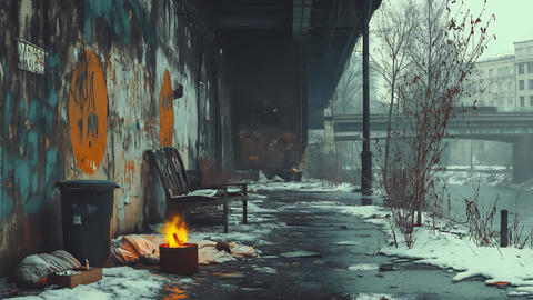 Small fire burning in a metal barrel on a snowy sidewalk under an urban overpass